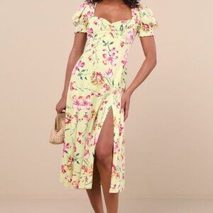 Lulus Parisian Picnic Green Floral Jacquard Puff Sleeve Midi Dress - Size XL